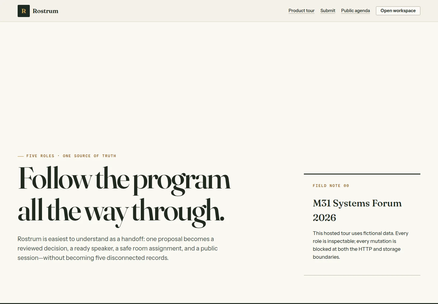 Rostrum's guided product tour follows five people through one canonical program record